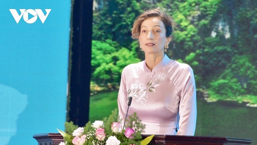 Audrey Azoulay, director general of the UN’s Educational, Scientific and Cultural Organisation (UNESCO) speaks at the event.