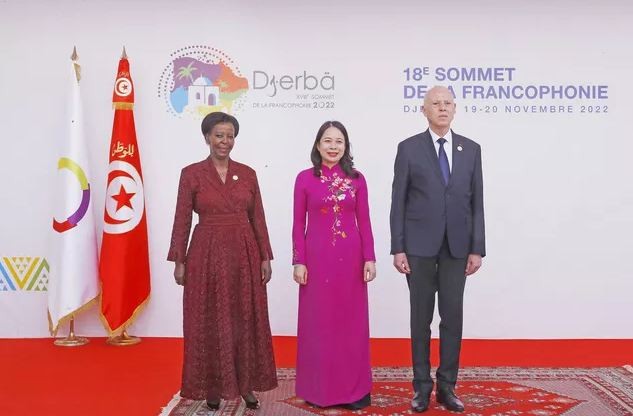 President of Tunisia Kais Saied, Secretary General of Organisation internationale de la Francophonie Louise Mushikiwabo and Vice President Vo Thi Anh Xuan. Photo: VNA