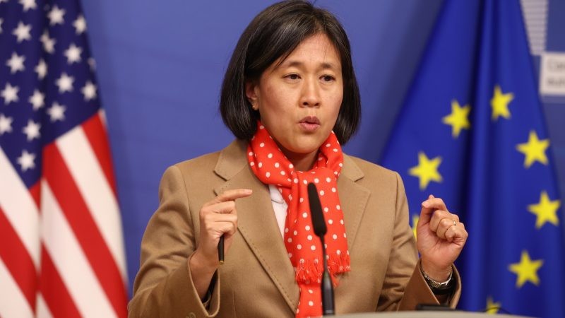US Trade Representative Katherine Tai gives a joint press conference with European Commission Executive Vice-President on recent developments in transatlantic trade at the European Commission in Brussels, Belgium, 17 January 2023. [Stéphanie Lecocq (EPA-EFE).