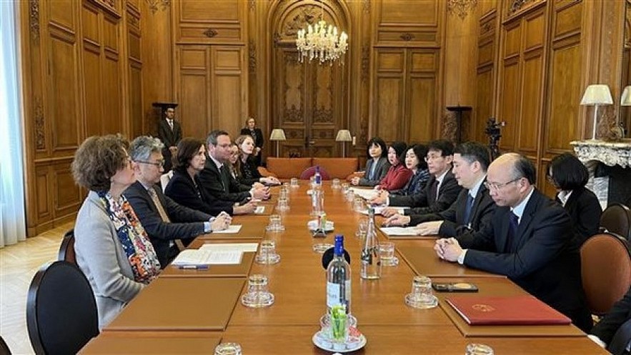 The Vietnamese delegation works with OECD representatives (Photo: VNA)