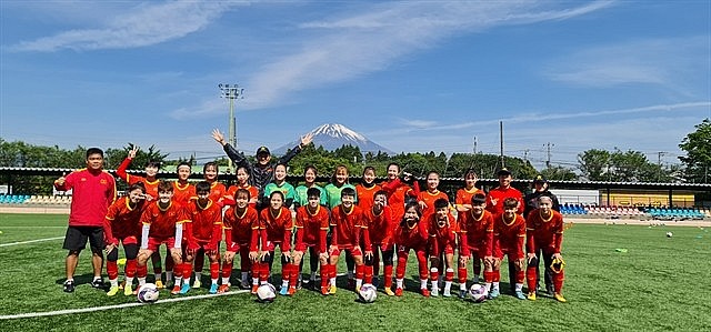 The Vietnamese national U20 female team at a training session in Japan. Photo: VFF