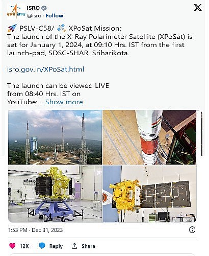 India's ISRO to launch polarimetry mission to study Black Holes today