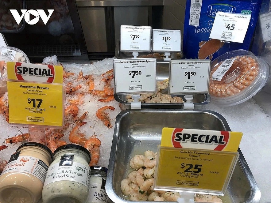 Vietnamese shrimp on display for sale at Coles store in Australia.