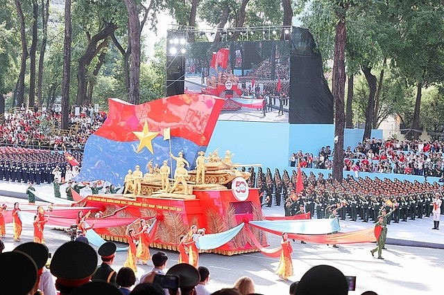 Vietnamese People's Army Forcers in full dress parade rehearsal to celebrate the 50th anniversary of National Reunification