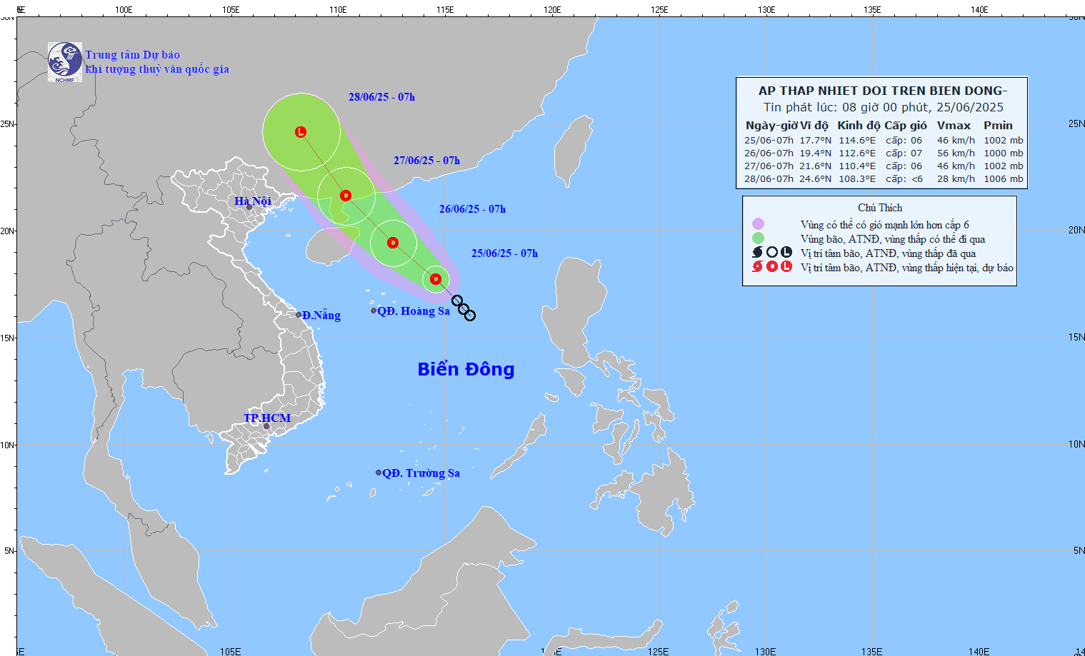 Movement path of the tropical depression as of the morning of June 25. Source: NCHMF