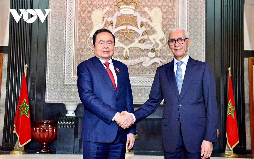 Rachid Talbi Alami (R), Speaker of the House of Representatives of Morocco, and Tran Thanh Man, Chairman of the National Assembly of Vietnam, shaking hands ahead of their talks in capital Rabat on July 25. Rachid Talbi Alami (R), Speaker of the House of Representatives of Morocco, and Tran Thanh Man, Chairman of the National Assembly of Vietnam, shaking hands ahead of their talks in capital Rabat on July 25.