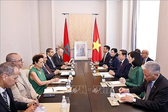 An overview of the meeting between NA Chairman Tran Thanh Man and Mustapha El Ktiri, President of the Morocco–Vietnam Friendship Association (MVFA), in Rabat on the morning of July 26 (local time) (Photo: VNA) An overview of the meeting between NA Chairman Tran Thanh Man and Mustapha El Ktiri, President of the Morocco–Vietnam Friendship Association (MVFA), in Rabat on the morning of July 26 (local time) (Photo: VNA)