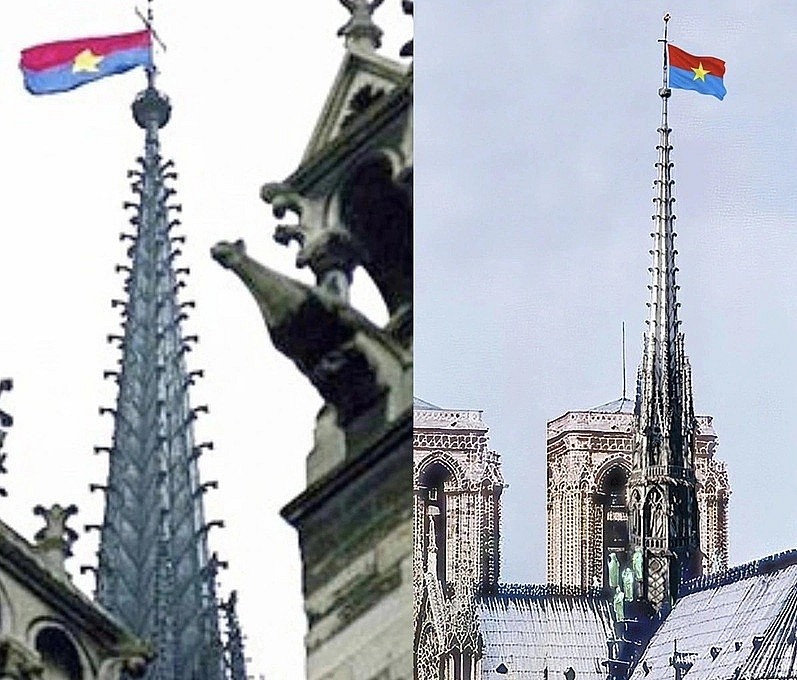 Swiss Friends and the Vietnamese Flag on top of Notre Dame Cathedral