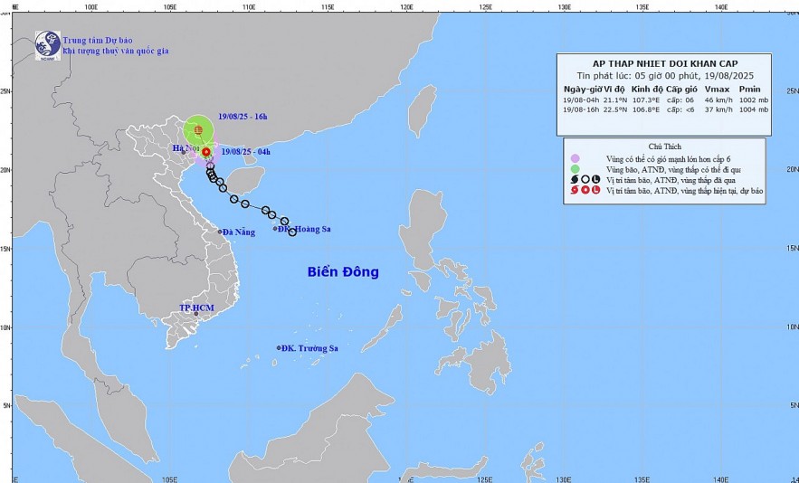The tropical depression is currently over the mainland of Quang Ninh and is likely to weaken within the next few hours. Source: NCHMF