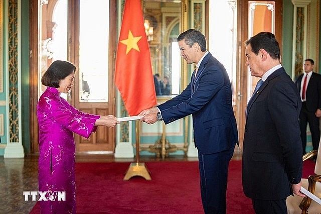 Vietnamese Ambassador to Paraguay Ngo Minh Nguyet (L) presents her credentials to President of Paraguay Santiago Peña Palacios, Asuncion, August 20, 2025. Photo: VNA
