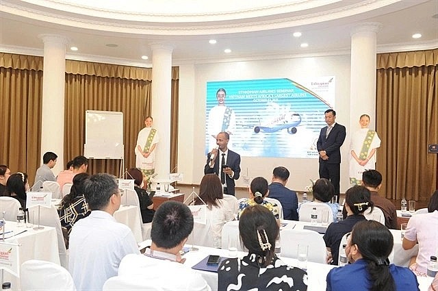 Leulseged Desalegn, Chief Representative of Ethiopian Airlines in Vietnam shared at the seminar. (Photo courtesy of the airlines)