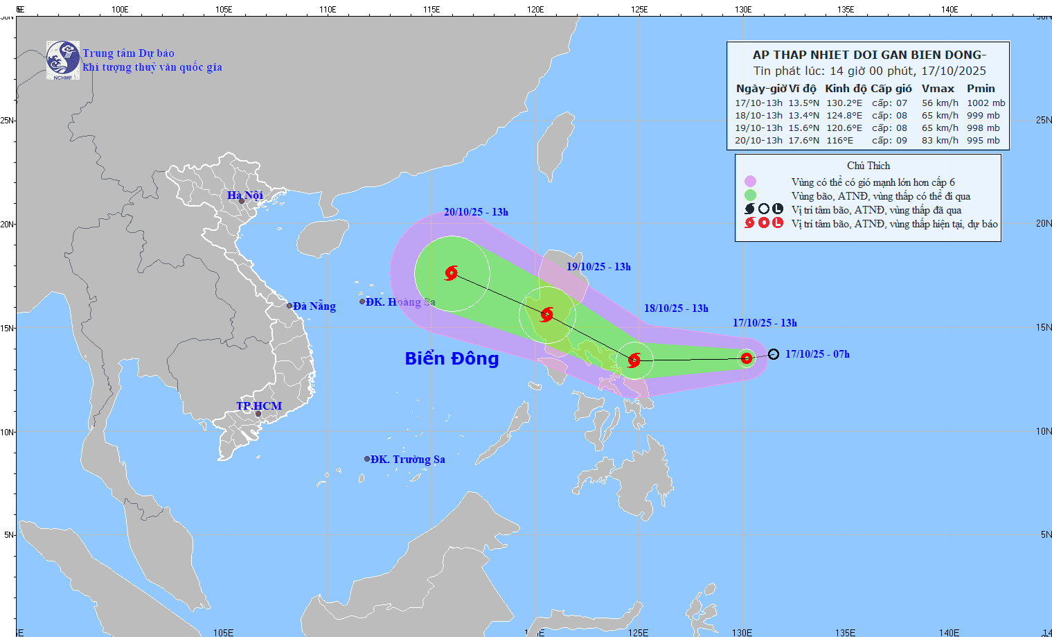 Projected path of the tropical depression near the East Sea as of the afternoon of October 17. Source: NCHMF