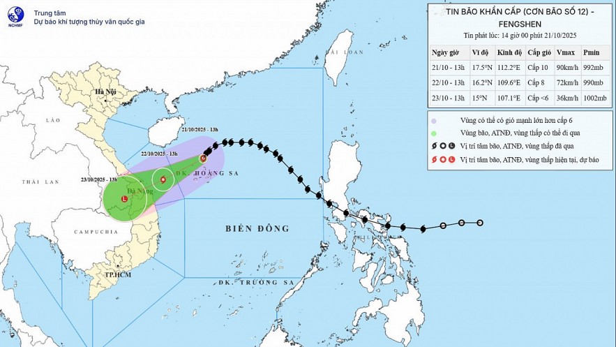Storm No. 12 (Fengshen) is forecast to make landfall between Quang Tri and Da Nang, with heavy rainfall peaking from October 22 to 23. Photo: NCHMF