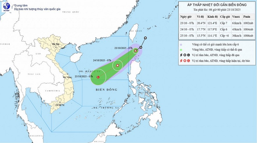 The tropical depression quickly weakens when encountering cold air and is unlikely to reach mainland Vietnam. Source: NCHMF
