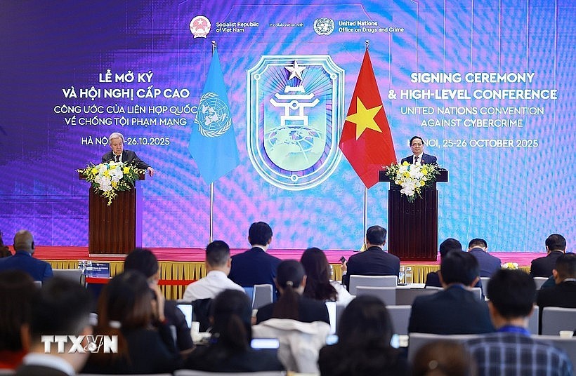 Prime Minister Pham Minh Chinh and UN Secretary-General Antonio Guterres at a press briefing during the signing ceremony (Photo: VNA) Prime Minister Pham Minh Chinh and UN Secretary-General Antonio Guterres at a press briefing during the signing ceremony (Photo: VNA)