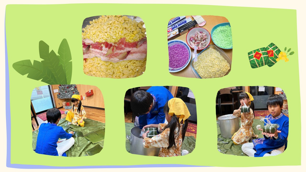 Trang’s children learn to make Banh Chung. Trang’s children learn to make Banh Chung.