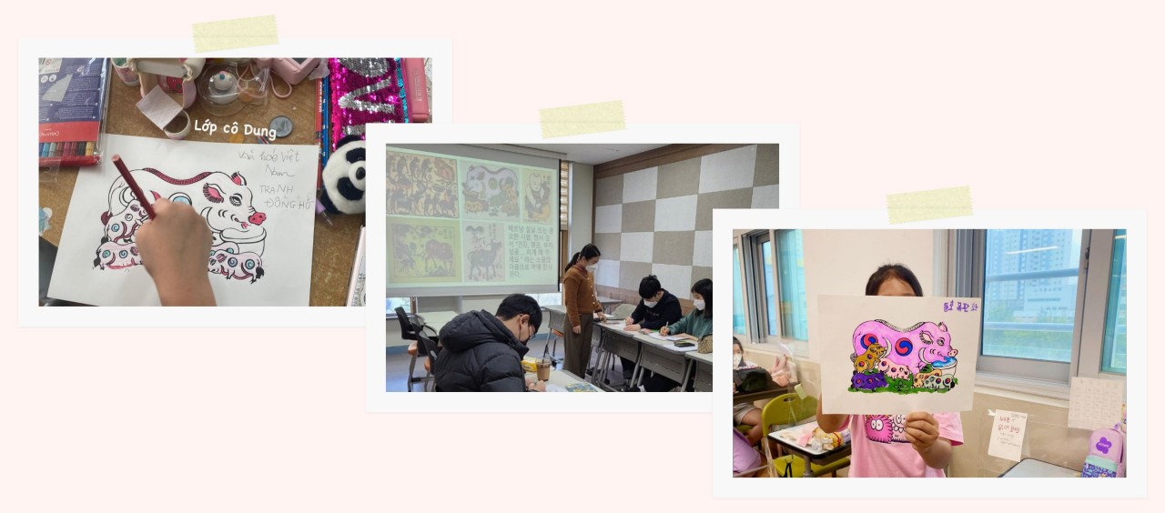 Dung guides her students in making Dong Ho folk paintings. Dung guides her students in making Dong Ho folk paintings.