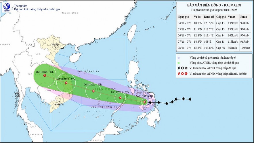 Kalmaegi (Storm No. 13) is projected to make landfall with level-11 intensity. Source: NCHMF Kalmaegi (Storm No. 13) is projected to make landfall with level-11 intensity. Source: NCHMF