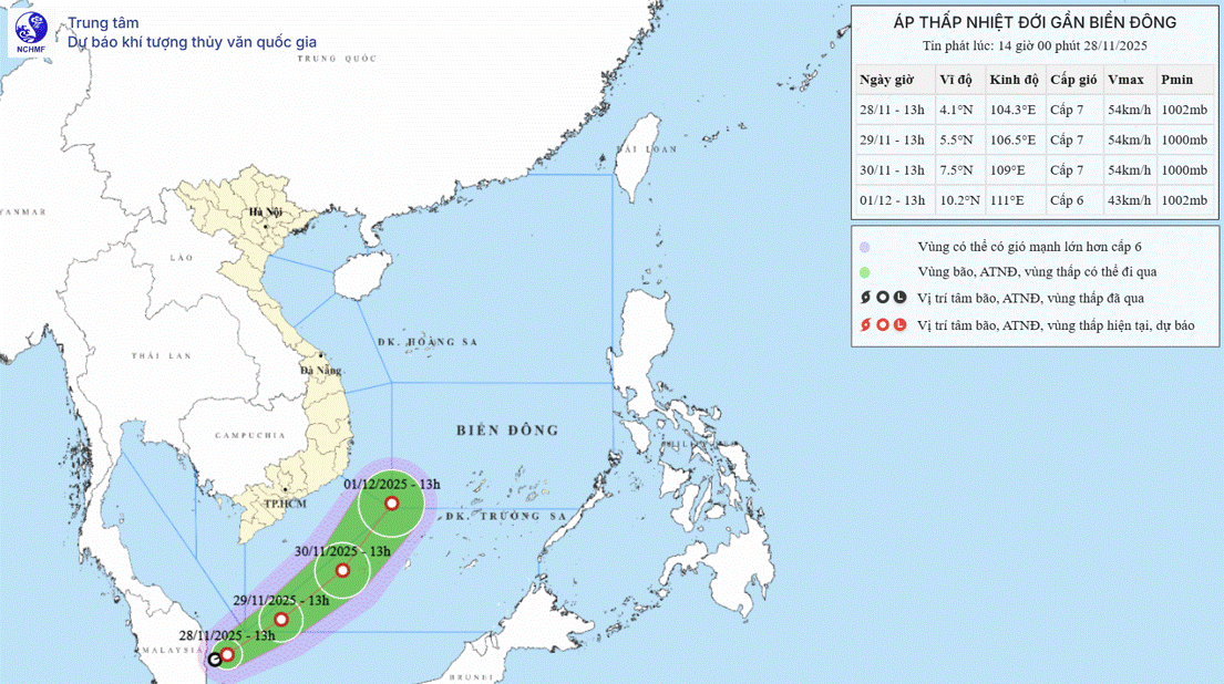 Path projection of the tropical depression as it nears the East Sea. Source: NCHMF Path projection of the tropical depression as it nears the East Sea. Source: NCHMF