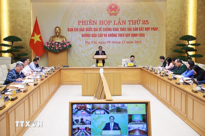 Prime Minister Pham Minh Chinh chairs the 25th meeting of the National Steering Committee for Combating Illegal, Unreported and Unregulated (IUU) Fishing. (Photo: Duong Giang/VNA)