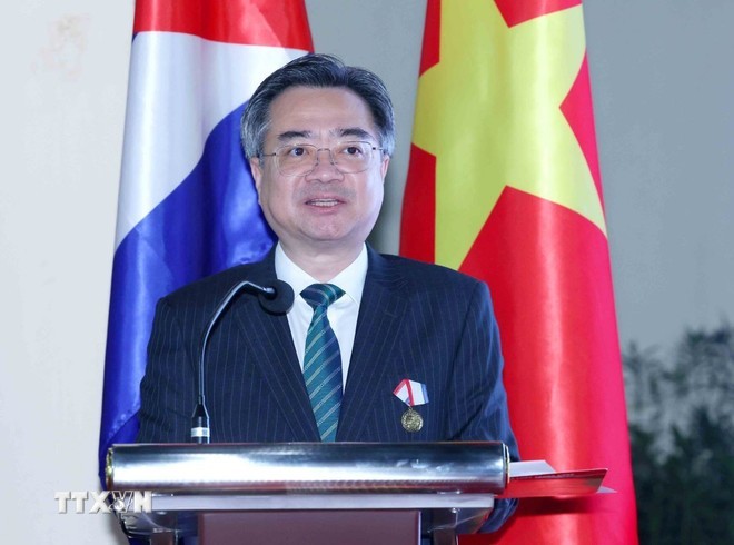 Nguyen Thanh Nghi, Member of the Party Central Committee and Head of the Central Policy and Strategy Commission, speaks at the ceremony. (Photo: Phuong Hoa/TTXVN)