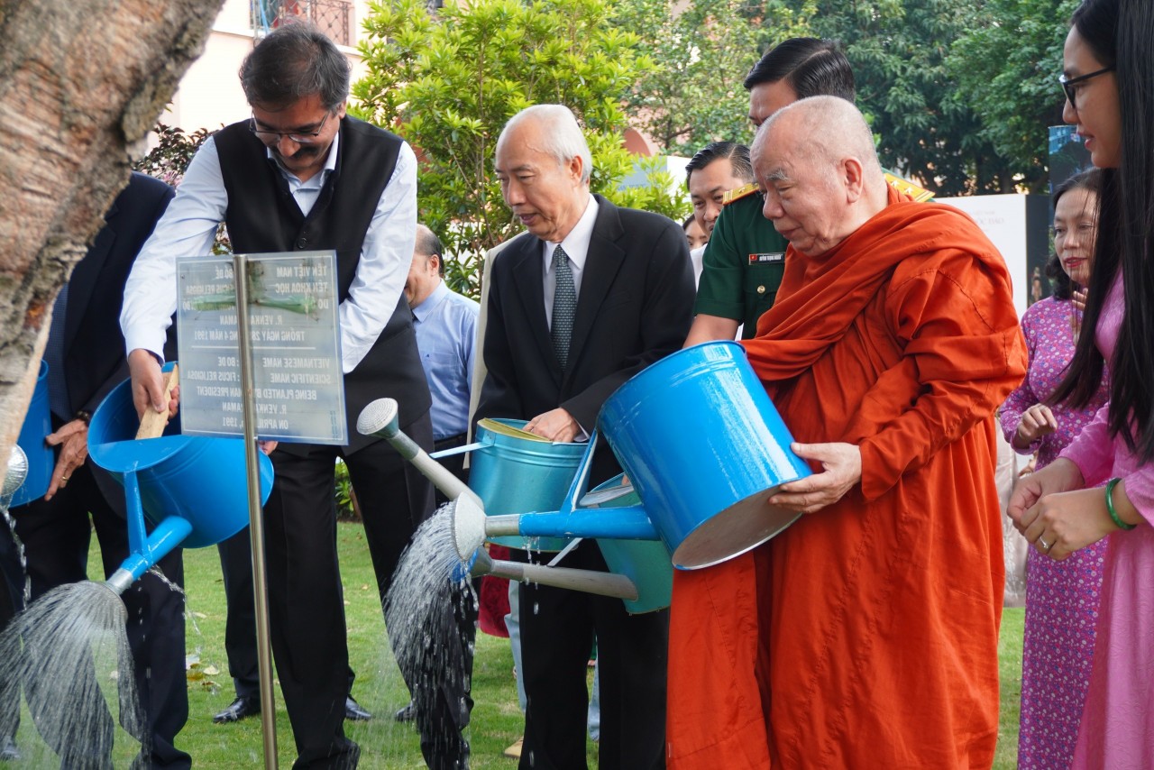Delegates jointly watered the Bodhi tree, a gift presented by former Indian President Ramaswamy Venkataraman in 1991. (Photo: Viet Nam-India Friendship Association of Ho Chi Minh City)