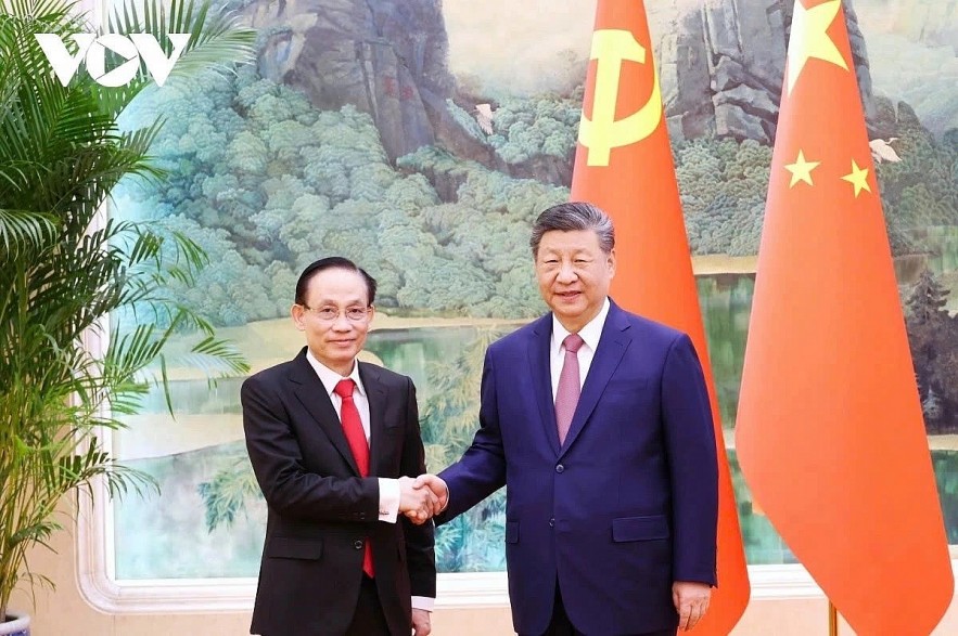 Party General Secretary and President Xi Jinping of China receives Politburo member and Minister of Foreign Affairs Le Hoai Trung of Vietnam in Beijing on February 4