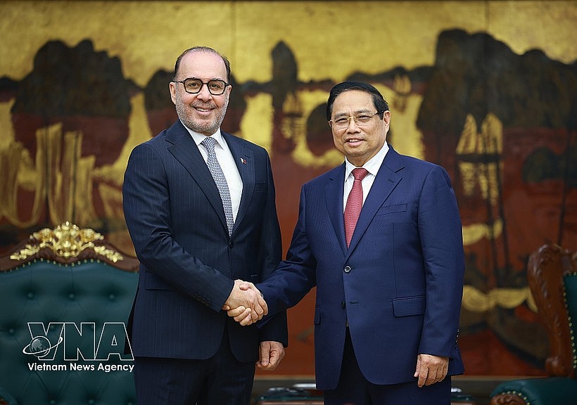 Prime Minister Pham Minh Chinh receives Qatari Ambassador Khalid Ali Abdullah Abel on March 17. (Photo: VNA)