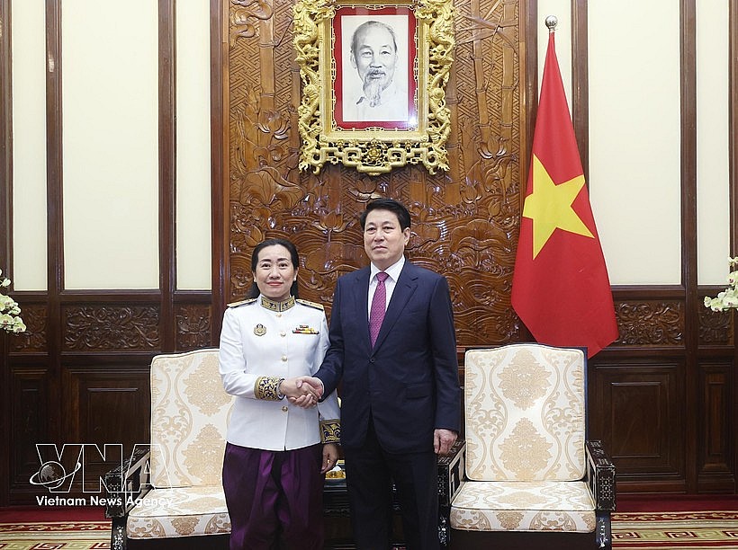 State President Luong Cuong (R) receives Cambodian Ambassador to Vietnam Touch Pharat in Hanoi on March 18. (Photo: VNA)