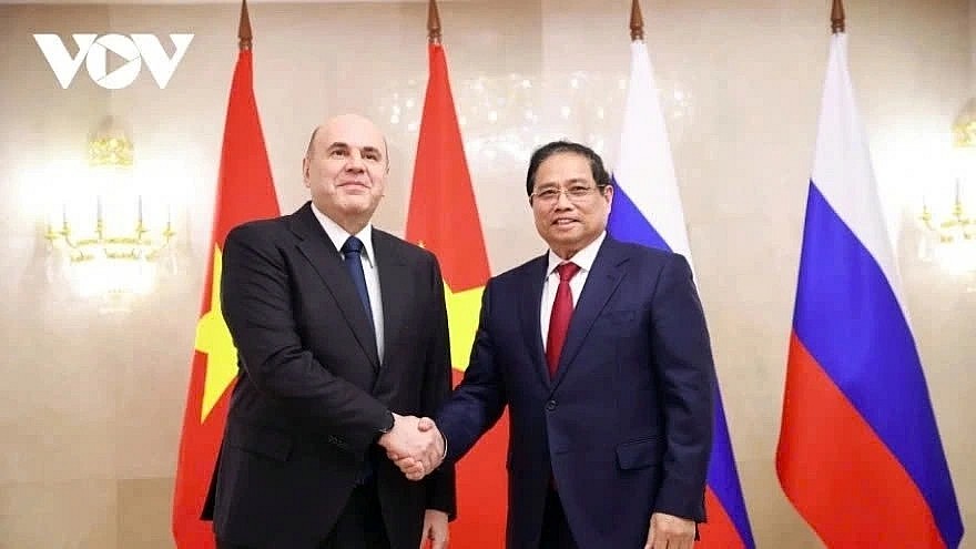 Russian Prime Minister Mikhail Mishustin (L) and his Vietnamese counterpart Pham Minh Chinh ahead of their talks in Moscow on March 23.