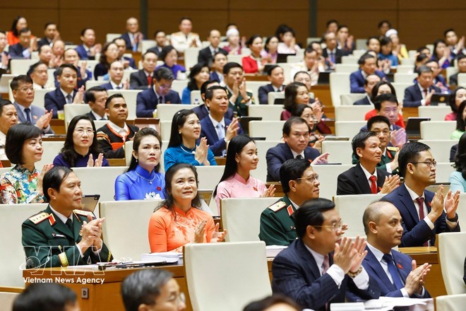 NA deputies at the first sitting of the 16th National Assembly in Hanoi on April 6. (Photo: VNA)