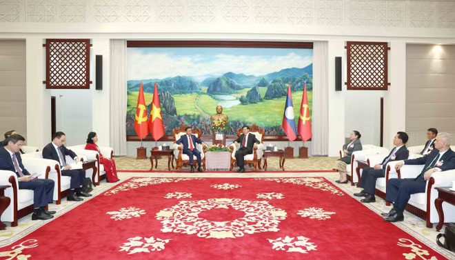 At the meeting between Politburo member and Permanent member of the Communist Party of Vietnam (CPV) Central Committee’s Secretariat Tran Cam Tu, and General Secretary of the Lao People's Revolutionary Party (LPRP) Central Committee and President of Laos Thongloun Sisoulith in Vientiane. (Photo: VNA)