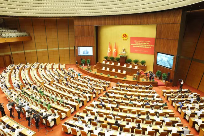 A view of the national conference held on April 13 to study, disseminate and implement the Resolution of the 14th Party Central Committee’s second plenum (Photo: VNA)