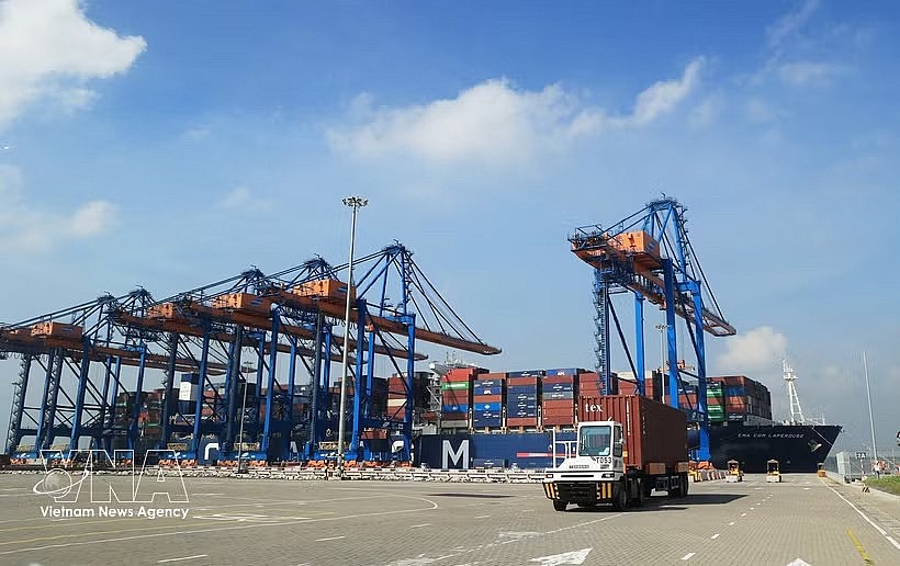 Container trucks operate at Gemalink International Port, part of the Cai Mep port complex in Tan Phuoc ward. (Photo: VNA)
