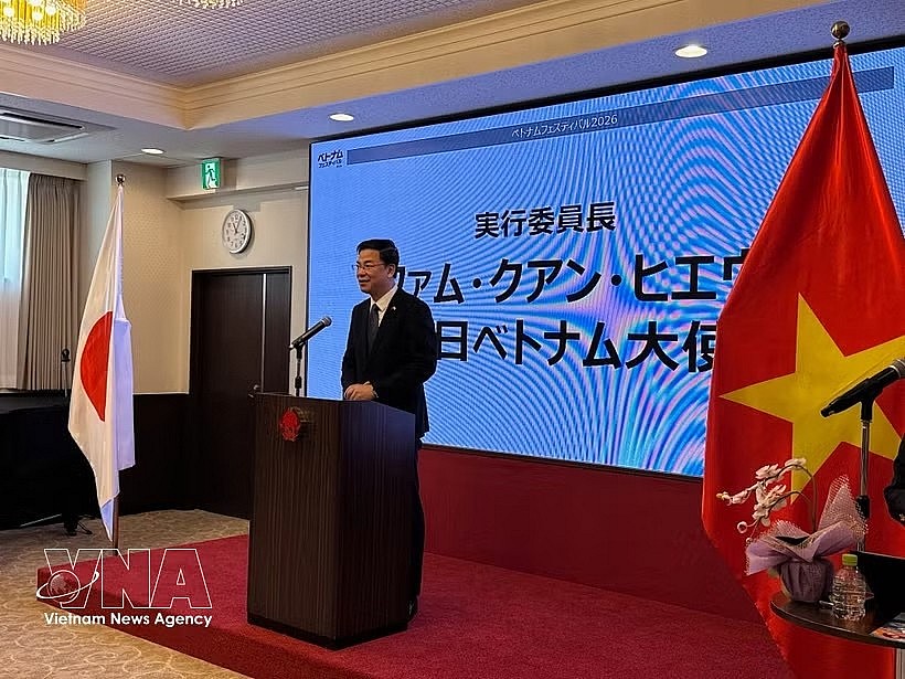 Vietnamese Ambassador to Japan Pham Quang Hieu speaks at the press conference on May 12. (Photo: VNA)