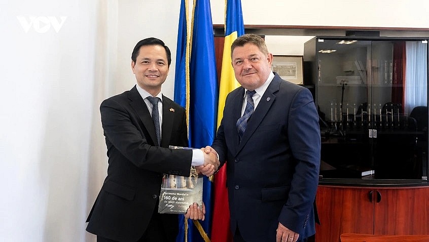 Vietnamese Ambassador to Romania Le Vinh Thang and Romanian Senatỏ Ninel Peia during a meeting