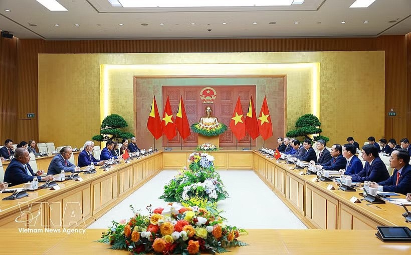The talks between Vietnamese PM Le Minh Hung and his Timor-Leste counterpart Rala Xanana Gusmao in Hanoi on June 9 (Photo: VNA) The talks between Vietnamese PM Le Minh Hung and his Timor-Leste counterpart Rala Xanana Gusmao in Hanoi on June 9 (Photo: VNA)