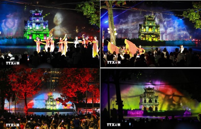 3D mapping light shows projected onto Turtle Tower in the heart of the capital, combined with a water-screen system, offer visitors a unique and engaging experience. (Photo: VNA) 3D mapping light shows projected onto Turtle Tower in the heart of the capital, combined with a water-screen system, offer visitors a unique and engaging experience. (Photo: VNA)