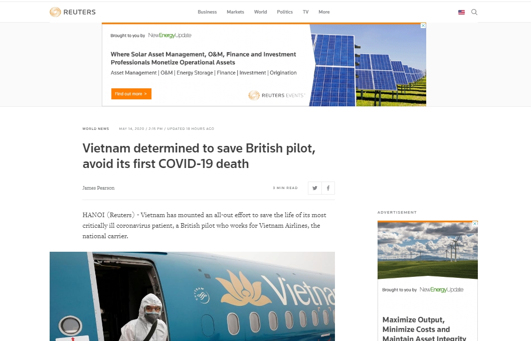 Reuters lauds Vietnam’s determination to save the critical COVID-19 British pilot  