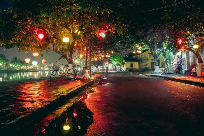 A romantic night street corner near thu bon river 