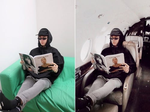 undefined Denton used photo-editing software to turn a green couch into a private jet. Courtesy of Byron Denton