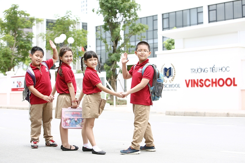 A group of primary students standing in front of Vinshool 