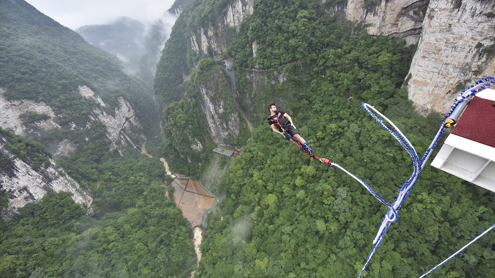in video thrilling bungee jumping from glass bottom bridge in central china