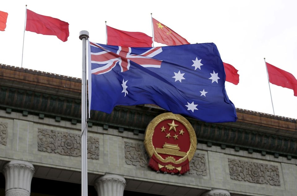 Australian flag flutters in front of the Great Hall of the People during a welcoming ceremony for Australian Prime Minister Malcolm Turnbull (not in picture) in Beijing, China, April 14, 2016. REUTERS/Jason Lee