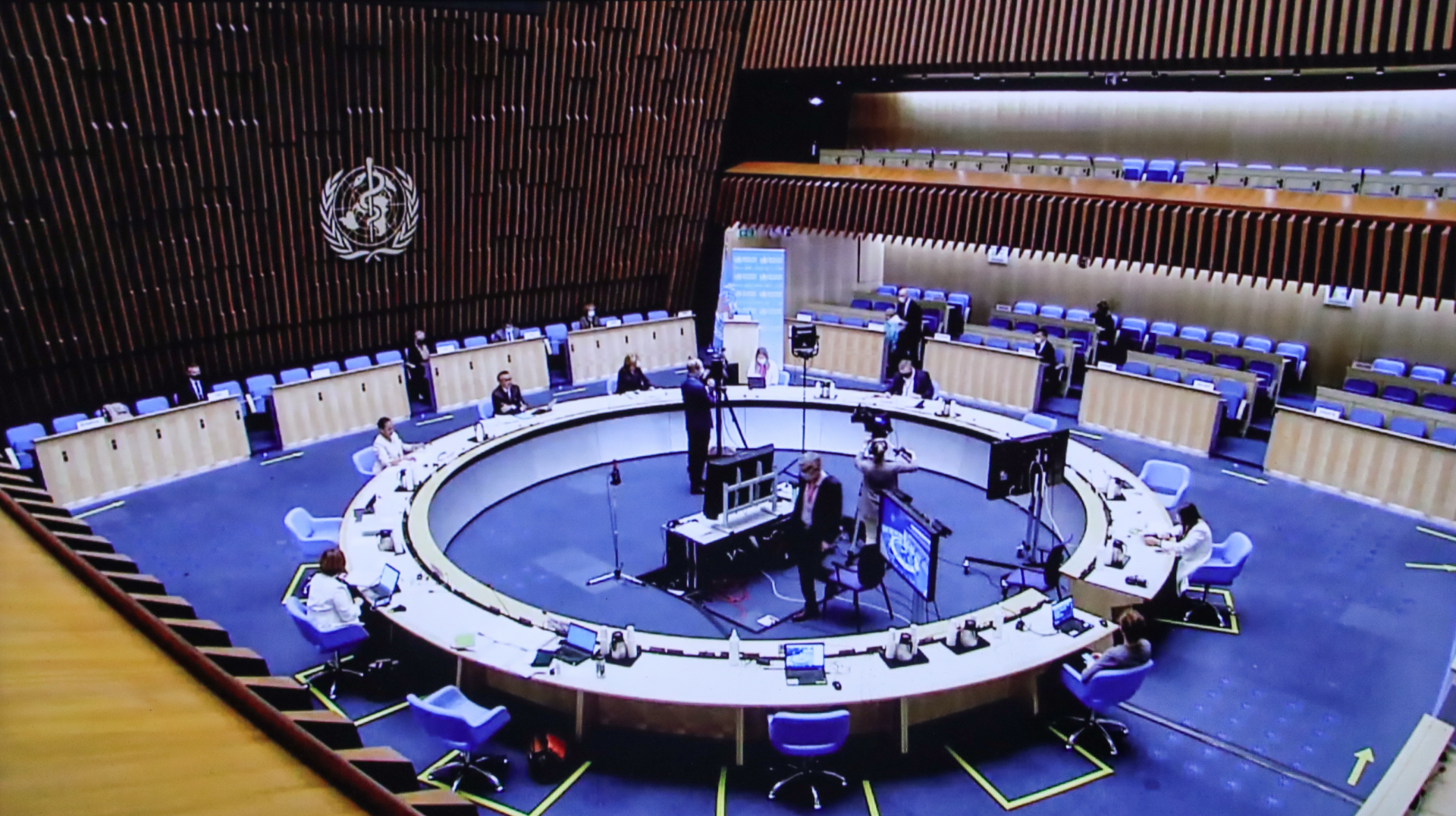 Photo taken in Brussels, Belgium on May 24, 2021 shows the live stream of the 74th World Health Assembly held at the World Health Organization (WHO) headquarters in Geneva, Switzerland. The 74th World Health Assembly (WHA) kicked off on Monday to stress t