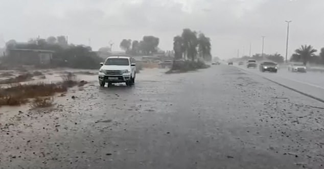 Video footage released by the UAE's National Center of Meteorology shows monsoon-like downpour across the country which create a sheet of rain on the highways. Photo Daily Mail