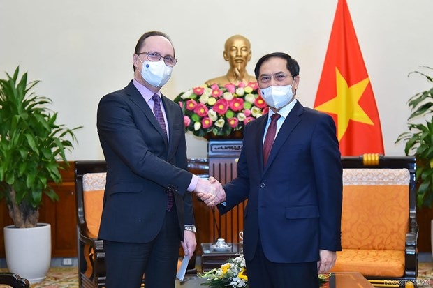 Minister of Foreign Affairs Bui Thanh Son (R) shakes hands with newly-appointed Russian Ambassador Gennady Bezdetko(Photo: baoquocte.vn)