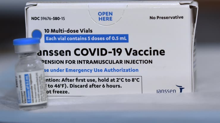 Johnson & Johnson COVID-19 vial and box seen at a vaccination site. Doses of the Johnson & Johnson vaccine are being administered throughout the state of Florida despite a small number of patients who have experienced adverse reactions, including blood clots. Paul Hennessy | LightRocket | Getty Images