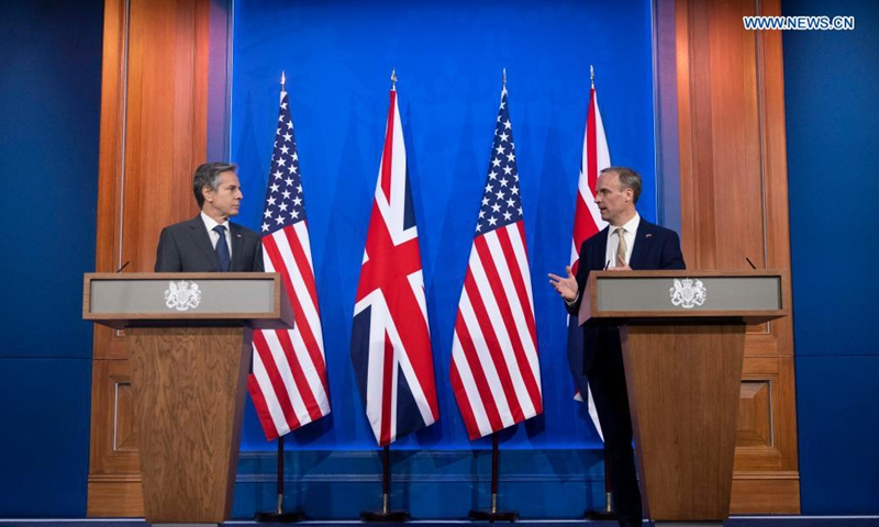 British Foreign Secretary Dominic Raab (R) and U.S. Secretary of State Antony Blinken attend a press conference ahead of the meeting of the Group of Seven (G7) foreign and development ministers in London, Britain, on May 3, 2021. British Foreign Secretary Dominic Raab on Monday met with U.S. Secretary of State Antony Blinken to discuss efforts to build back better from COVID-19 and a possible free trade agreement between the two countries. (Simon Dawsond/No 10 Downing Street/Handout via Xinhua)