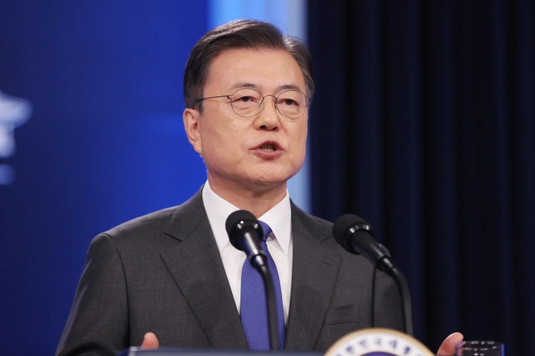 President Moon Jae-in speaks during a news conference at the Blue House in Seoul, South Korea [Yonhap via Reuters]